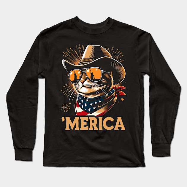 USA Flag Cat 4th of July Funny Patriotic Long Sleeve T-Shirt by KsuAnn